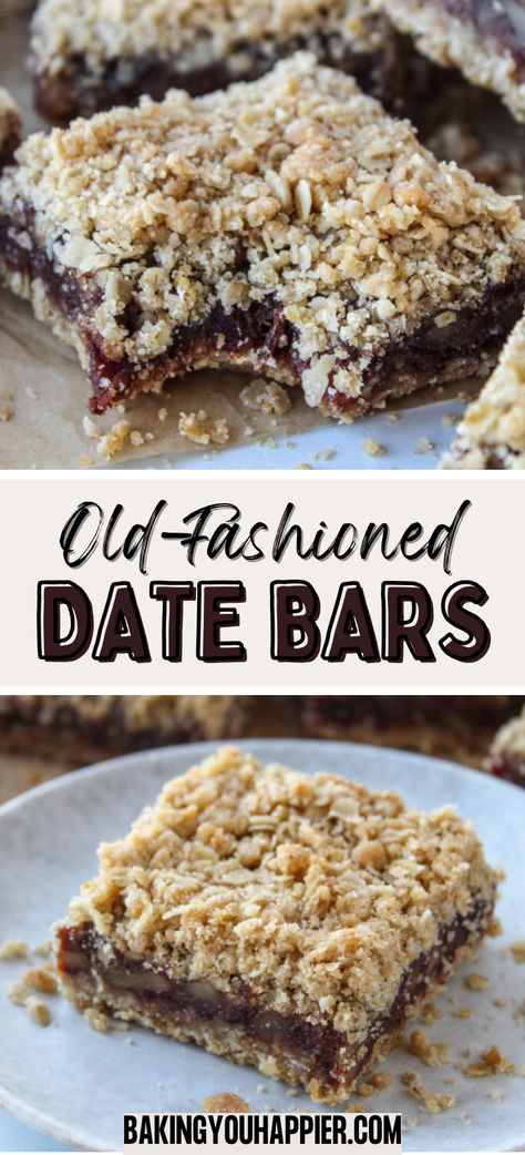 Date Bars, an old-fashioned homemade Date Bar recipe with a chewy center and a lightly sweetened crumb topping! Matrimonial Bars Date Squares, Date Bars Recipe Squares, Date Crumble Bars, Date And Oat Bars, Homemade Date Bars, Date Bar Recipes, Squirrel Bars Recipe, Date Baking Recipes, Date Bars Oatmeal