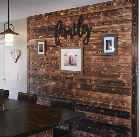 Charred wood accent walls (Home Depot) Wood Shiplap Wall, Wood Walls Living Room, Interior Accent Wall, Wood Shiplap, Pine Trim, Wood Wall Design, Accent Wall Ideas, Wall Planks, Shiplap Wall