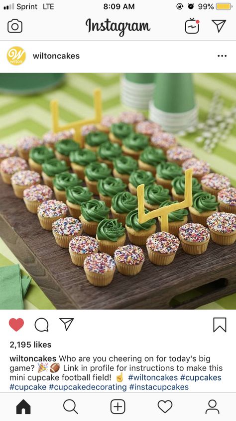 Football Birthday Snack Ideas, Mini Football Cupcakes, Football Birthday Party Cupcakes, Football Party Cupcake Ideas, Football Birthday Dessert, Super Bowl Bundt Cake, First Year Down Football Birthday Cupcakes, Football Field Cupcakes, Football Theme Bday Party