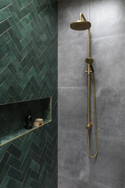 6A-nmdesign-nicola-manning-design-finch-street-lounge-bathroom Dark Green Bathrooms, Green Tile Bathroom, Toilet Shelves, Bad Inspiration, Bathroom Redesign, Bathroom Design Decor, Brass Bathroom, Downstairs Bathroom, Bathroom Inspiration Decor