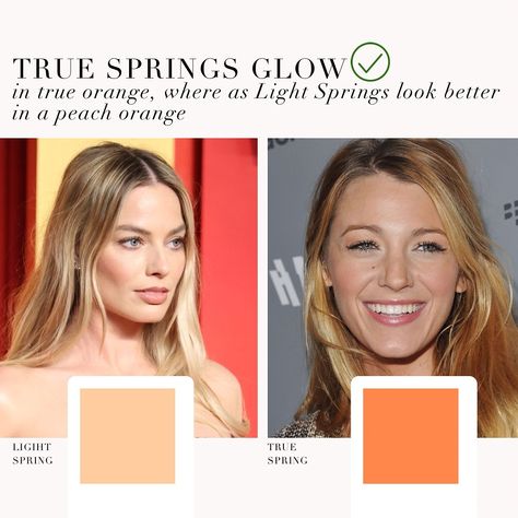 Light Spring VS True Spring comparison 🤍 . #coloranalysis #colouranalysis #lightspring #truespring #warmspring #margotrobbie #blakelively #coloranalyst Spring Color Analysis, True Spring Makeup, Warm Spring Palette, True Spring Color Palette, Warm Spring Color Palette, Light Spring Palette, Warm Spring Outfits, Light Spring Color Palette, True Spring Colors