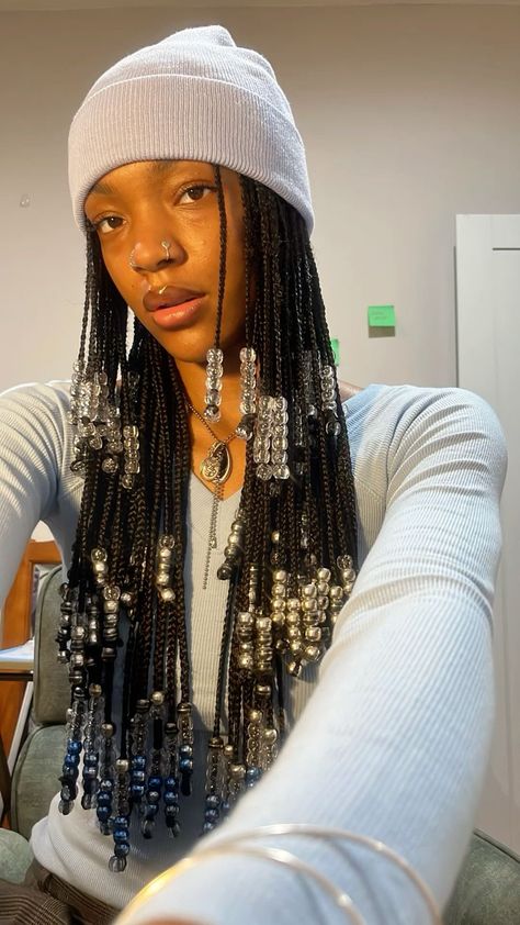 Braids With Black Beads, Braids With Bumped Ends, Unique Knotless Braids Hairstyles, Locs With Layers, Natural Knotless Braids With Beads, Braid Hairstyles With Beads, Layered Braids With Beads, Long Box Braids With Beads, Alt Box Braids