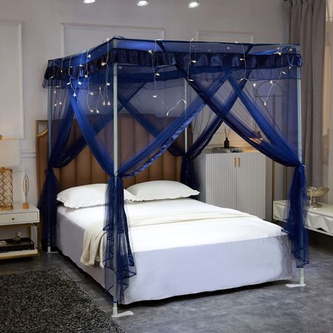 Blue Canopy Bed, Net Bed, Bed Canopies, Corner Curtains, Mosquito Net Bed, Bed Drapes, Canopy Bed Curtains, Goth Bedroom, Gothic Bedroom