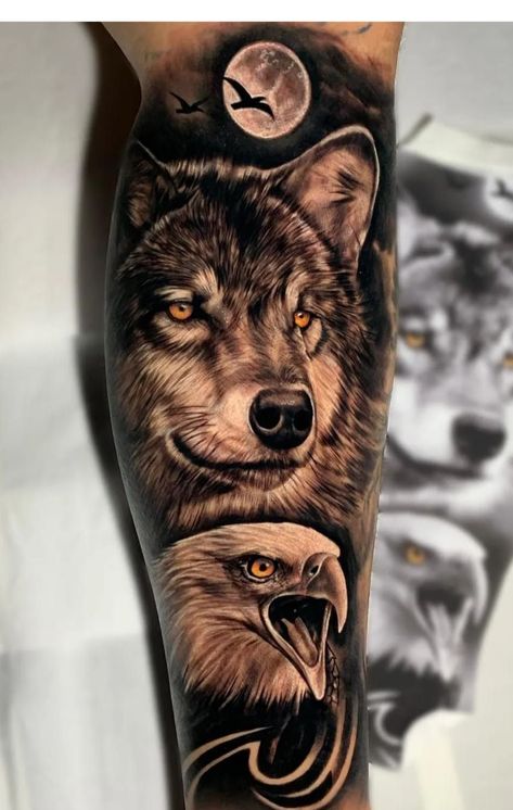 Half Sleeve Tattoos Wolf, Wolf Pack Tattoo, Wolf Tattoo Forearm, Natur Tattoo Arm, Tatoo Dog, Wolf Tattoos Men, Hawk Tattoo, Animal Sleeve Tattoo, Beautiful Wolf