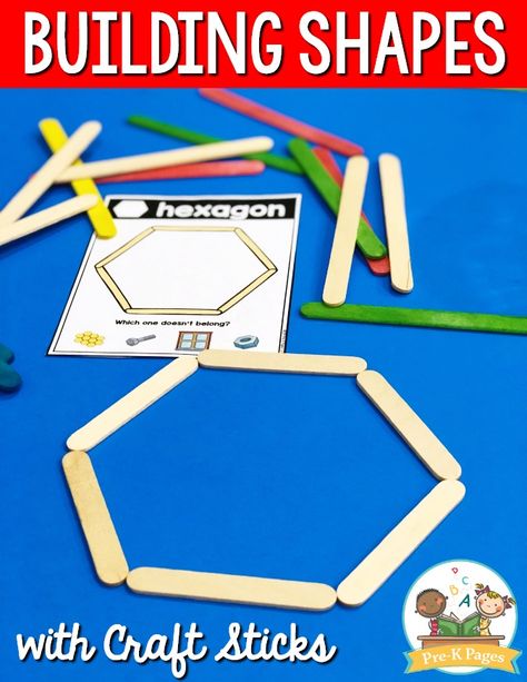 Building Shapes with Craft Sticks Preschool Building Activities, School Readiness Activities, Preschool Activities At Home, Shape Activities Preschool, Activity For Preschool, Cognitive Activities, Pre K Pages, Teaching Shapes, Preschool Colors