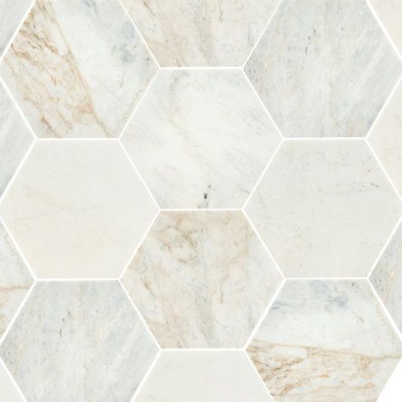 MSI 8" Arabescato Venato Hexagon Honed Marble Tile | Wayfair Bathroom Tile Farmhouse, Hexagon Tile Backsplash Kitchen, Hexagon Bathroom Floor, White Hexagon Tile, Hexagon Floor Tile, Honed Marble Floor, Small Bathroom Floor Plans, White Hexagon Tiles, Hexagon Floor