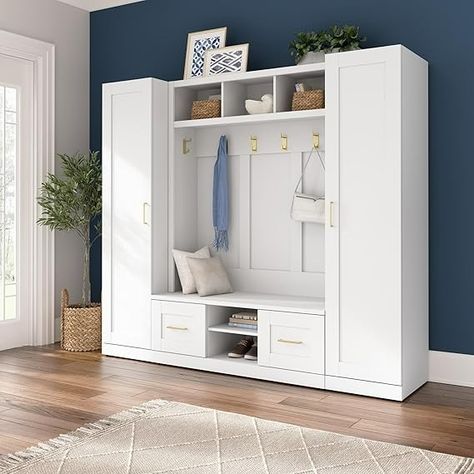 Amazon.com: Bush Furniture Hampton Heights Full Entryway Storage Set with Hall Tree, Shoe Bench with Doors and Narrow Cabinets in White | Foyer, Mudroom Organizer : Home & Kitchen Mudroom Organizer, Tall Narrow Storage Cabinet, Bench With Doors, Foyer Mudroom, White Foyer, Narrow Storage Cabinet, Mudroom Organization, Narrow Cabinet, Entryway Cabinet