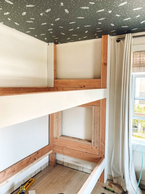 Built In Bunkbed DIY for $500 - Nesting With Grace Twin Over Twin Bunk Bed Diy, How To Build Bunk Beds With Stairs, Built In Bunk Bed Plans Diy, How To Build Built In Bunk Beds, Diy Bunk Bed With Trundle, Built In Twin Bunk Beds, Diy Built In Bunk Bed, Bunk Room Closet, Diy Corner Bunk Beds