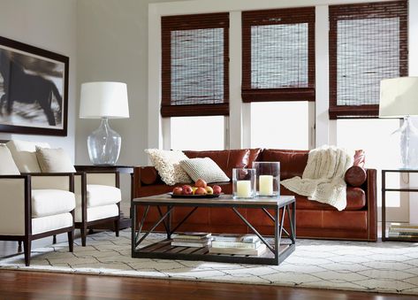 Sit Anywhere Living Room Main Image Petra Chair, Brown Leather Sofa Living Room, Ethan Allen Living Room, Metal Base Coffee Table, Ethan Allen Furniture, Rectangular Living Rooms, Leather Sofa Living Room, Table Large, Brown Leather Sofa