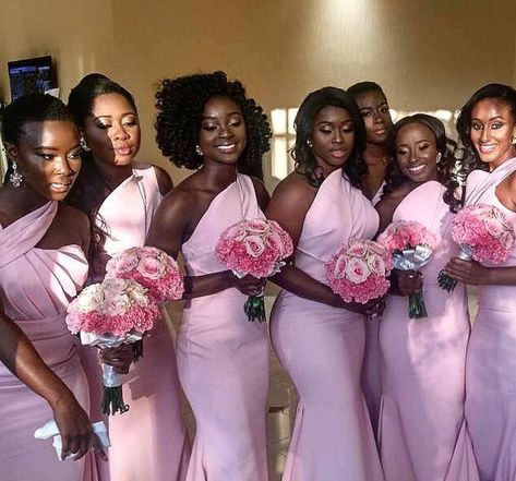 These #munabridesmaids are pretty in pink! #bridesmaids #bridesmaidsdresses #weddinggown #pinkwedding #blackgirlmagic _ #Repost @bridesbynona ・・・ Black is always beautiful no matter the shade of Black! Loving the Blush tones from the gowns and the bouquets 💗💗💗 ______ Bride: @moldmenai Bridesmaids dresses: @bridesbynona Bouquets: @k_flowers_events Wedding planning: @keysandkredo ______ #bridesbynona #thedarlingmatrimony #MarylandWedding #BBNbridesmaids #custombridesmaidsdresses #weddingin... Wedding Colors Black People, Braids Maid Dresses, Wedding Colors Black, African Bridesmaid Dresses, Pink Bridesmaids, Pink Wedding Colors, African Bride, Black Bridesmaids, Beautiful Bridesmaid Dresses