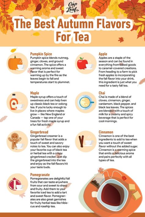 Fall Flavors: The Best Autumn Flavors For Tea - Cup & Leaf #tea #tearecipe #teainfographic #infographic #autumntea Autumn Tea Party, Herbst Bucket List, Tea Illustration, Apple Tea, Autumn Tea, Fall Flavors, Fall Drinks, Spiced Apples, Flavored Tea