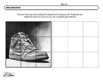 This set of worksheets consists of 7 different pages of grid drawing worksheets of shoes. The images are grayscale and the grid is a 3x3 (1.6") grid and the format is PDF for easy printing.  Grade Levels: 6-12th Shading Worksheets Art, Art Worksheets Middle School, Grid Drawing Worksheet, High School Art Worksheets, Shading Art, Drawing Worksheets, Drawing Shading, Grid Drawing, Basic Sketching