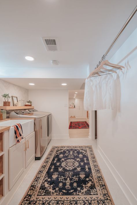 Laundry Upstairs Hallway, Basement Laundry Cabinets, Basement Laundry Room Cabinets, Finished Basement Garage, Basement Laundry Closet, Basement Laundry Renovation, Finished Basement With Laundry Room, Laundry Room Low Ceiling, Low Ceiling Laundry Room