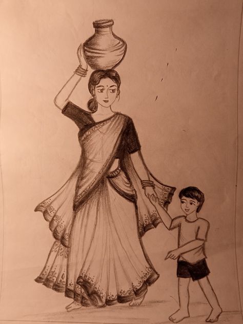 A mother and a son Mother Son Sketch, Mom And Son Drawing Art, Mother And Son Drawing, Son Drawing, Village Drawing, Baby Sketch, Pencil Drawing Images, Pencil Drawings Of Flowers, Fathers Day Art