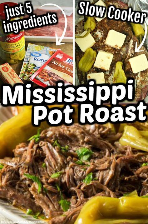 If you're a fan of fall-apart tender chuck roast, then you have to try this Mississippi Pot Roast recipe. Made with only 5 ingredients, it is seriously the most delicious pot roast you will ever eat! Mississippi Pot Roast Crockpot, Pot Roast Crockpot, Slow Cooker Mississippi Roast, Mississippi Pot Roast Recipe, Roast Crockpot, Slow Cooker Mississippi Pot Roast, Delicious Pot Roast, Mississippi Roast Recipe, Crockpot Roast Recipes