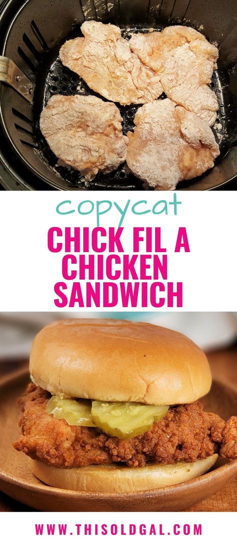 Top image - Chicken in the Air Fryer basket Bottom Image- completed Air Fryer Chick Fil A sandwich Chick Fil A Chicken Sandwich, Chick Fil A Chicken Sandwich Recipe, Spicy Chicken Sandwiches, Chicken Sandwich Recipes, Fried Chicken Sandwich, Air Fried Chicken, Air Fryer Recipes Chicken, Air Fryer Dinner Recipes, Air Fryer Recipes Easy