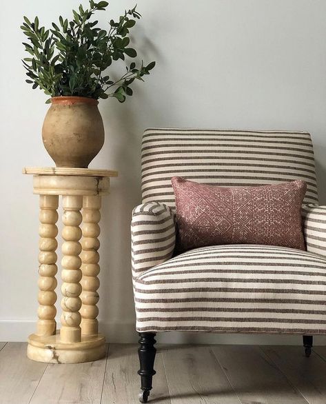 Guy Goodfellow Collection on Instagram: “A wonderful antique chair upholstered in Olive Sacking stripes. By the talented @robinmyerscoughstudio” Comfortable Couch, Slipper Chairs, Antique Chairs, Chesterfield Chair, Pedestal Table, Farmhouse Living, Sitting Room, Upholstered Chairs, This Morning