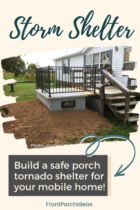 Learn how to build a underground storm shelter for your mobile home. Get creative and build a safe shelter underneath the front porch stairs of your mobile home. This post will give you the best tips on building a safe shelter ideal for your mobile home. Diy Porch Mobile Home, Storm Shelter Under Porch, Mobile Home Steps Porch, Building Onto A Mobile Home, Build On To Mobile Home, Mobile Home Hacks Diy, Doublewide Mobile Home Landscaping, Adding Porch To Mobile Home, Under Pinning For Mobile Homes