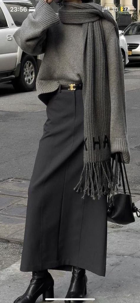 black leggings outfit fall, fall pinterest outfits, sweater dress with boots, winter outfits Skirt Winter 2023, Loose Chic Outfit, Grey Skirt Street Style, Grey Long Skirt Outfit, Maxi Pencil Skirt Outfit, Long Grey Skirt Outfit, Grey Maxi Skirt Outfit, Mode Over 50, Fall Pinterest