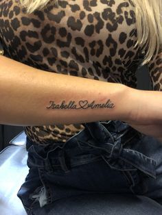 Daughter’s Name Tattoo, 2 Name Tattoos For Women, Tattoo With Siblings Names, 2 Kids Names Tattoos For Women, Names On Wrist Tattoos, Small Kids Name Tattoos For Women, Daughters Names Tattoos, Two Name Tattoo Ideas For Women, 3 Name Tattoo Ideas