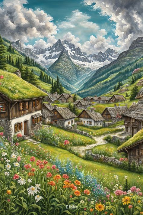 Explore the Charm of Switzerland's Scenic Villages 🇨🇭✨ #SwissBeauty #MountainMagic #ScenicVillages Switzerland Drawing, Switzerland Pictures, Village Illustration, Beautiful Foto, Village Drawing, Switzerland Art, Village Art, Pebble Pictures, Lord Shiva Hd Images