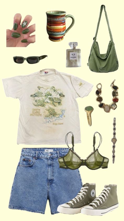 Vintage Outfits For Summer, Artsy Summer Outfit, Green Clothes Aesthetic, Naturecore Outfit, Summer Outfit Collage, Artsy Aesthetic Outfits, Green Summer Aesthetic, Artsy Aesthetic Clothes, 80s Summer Outfits