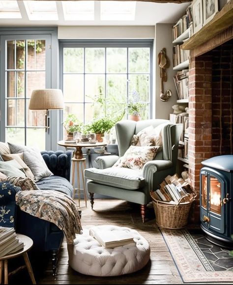 Cotswolds Home Interior, Blue Country Bedroom Farmhouse Style, Cottage Blue Living Room, English Country Cabin, Cozy Scottish Cottage, Woodland Cottage Decor, English Countryside Living Room, Cosy Cottage Living Room English Country, English Cottage Paint Colors