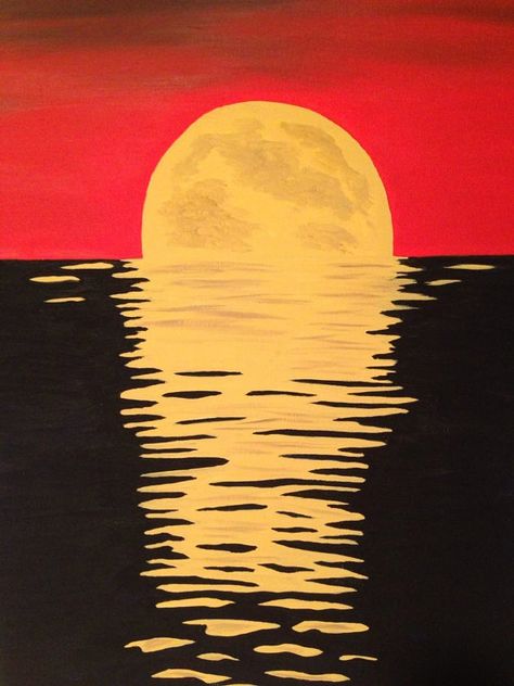 Red And Yellow Painting Ideas, Red Painting Aesthetic, Acrylic Painting Water, Painting Canvas Crafts, Red Thoughts, Inspirational Paintings, Painting Moon, Reflection Painting, Sunrise Painting