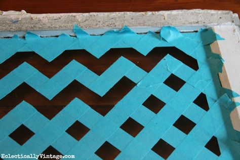 Make a Chevron pattern the easy way - with just tape and paint!  eclecticallyvintage.com How To Paint Chevron Stripes, Paint Chevron Stripes, Interior Design For Beginners, Chevron Cakes, Love Canvas Painting, Pallet Table Diy, Sewing Shop, Flower Painting On Canvas, Distressed Wood Signs