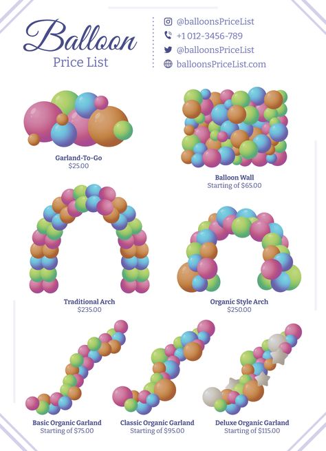 Event Decor Price List, Balloon Price List Template, Balloon Garland Size Chart, Balloon Price List, Balloon Arch Price List, Balloon Arch Pricing Guide, Balloon Decor Business, Balloon Garland Pattern, Balloon Garland Pricing Guide