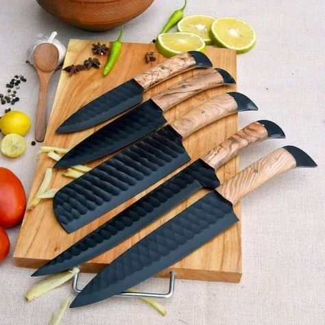 . "5 pcs Chef Knife Set Damascus steel Jet Black hammered kitchen knife set" Master your kitchen with our Damascus Steel Chef's Knife Set. This 5-piece collection features "razor-sharp blades" We bring you this beautiful Handmade Chef Set of 5 pieces. This beautiful Kitchen Knife Set is made by Hand and completely personalization option available. High quality Damascus Steel Razor Sharp Edge Blade Available on custom order . 🌐 Website Coming Soon ✉ DM for Orders & Inquiries #Damoxus #Knives ... Damascus Kitchen Knives, 2160x3840 Wallpaper, Utility Knives, Wood Handles, Leather Roll, Knife Set Kitchen, Chef Knife Set, Knife Handles, Anniversary Gifts For Him