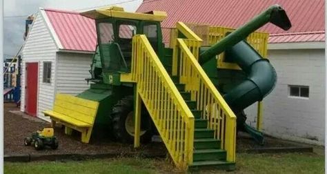 Combine playground a great idea for kids but would do international harvestor not John deere Deer Farm, Play Fort, Childrens Playhouse, Farm Kids, Play Yard, Backyard Playground, Outdoor Playground, Backyard For Kids, Backyard Fun