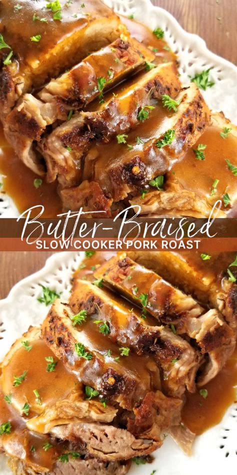 Butter-Braised Slow Cooker Pork Roast with Pan Gravy! A fork-tender pork loin drenched in sizzling butter seasoned with Cajun spices cooked to perfection in the crock pot plus a simple pan gravy. Pork Loin Crock Pot Recipes, Pork Roast Crock Pot Recipes, Crockpot Pork Loin, Slow Cooker Pork Loin, Crockpot Pork Roast, Slow Cooker Pork Roast, Pot Roast Crock Pot Recipes, Pork Loin Roast Recipes, Pork Crockpot Recipes