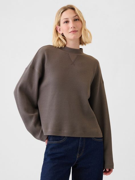 Soft, stretch waffle-knit over What Should I Wear Today, Plymouth Rock, 2024 Wishlist, Work Fits, Waffle Shirt, Layered Shirts, Waffle Knit Sweater, Grey Outfit, Gap Sweater