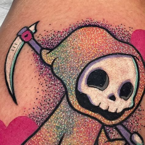 ✨Amanda Graves✨ 𝑔𝓁𝒾𝓉𝓉𝑒𝓇 𝓉𝒶𝓉𝓉𝑜𝑜𝓈 on Instagram: "another take on my sparkly reaper. thanks for traveling from atlanta! #glittertattoo" Kawaii Glitter Tattoo, Amanda Graves Glitter Tattoo, Cute Reaper Tattoo, Glitter Style Tattoo, Cute Grim Reaper Tattoo, Sparkly Tattoo, Glitter Tattoo Ideas, Faces Tattoo, Sparkle Tattoo