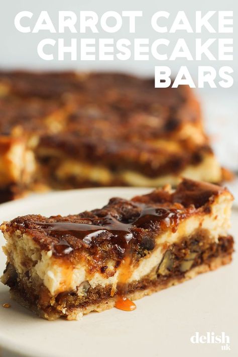 Our carrot cake cheesecake bars are truly delicious. Layers of shortbread, carrot cake and cream cheese, finished with a drizzle of carrot caramel - which is easier than you think to make! Love carrot cake? Try our Cheesecake Stuffed Carrot Cake Cookies, Carrot Cake Cupcakes and Carrot Cake Blondies! Stuffed Carrot Cake Cookies, Carrot Caramel, Carrot Cake Cheesecake Bars, Classic Carrot Cake, Carrot Cake Cheesecake, Carrot Cake Cookies, Easy Lunch Boxes, Cake Cheesecake, Cheesecake Bar Recipes