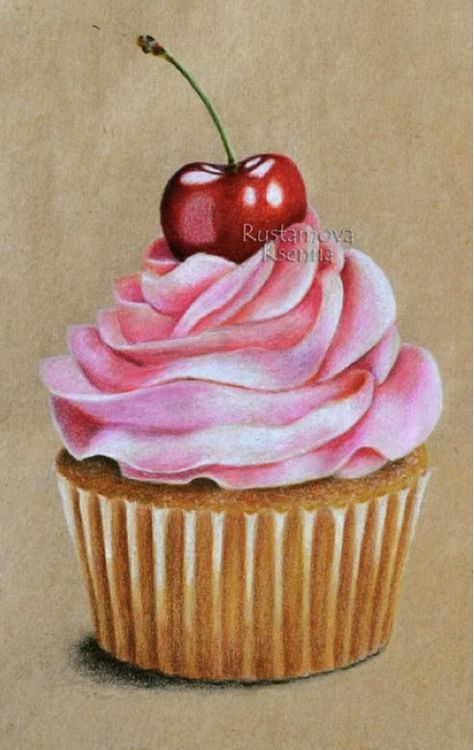 Cupcake Drawing Colored Pencil, Cake Drawing Color Pencil, Realistic Cupcake Drawing, Dessert Drawing Realistic, Cake Colour Painting, Cake Drawing Realistic, Realistic Food Drawings, Coloring Pencils Drawing, Drawing Realistic Colored Pencils