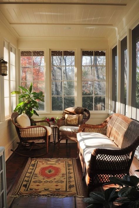 Small Sunroom Addition, Nature Observatory, Vintage Sunroom, Cabin Sunroom, Cozy Sunroom Decorating Ideas, Small Sunroom Ideas, Sunroom Decorating Ideas, Sunroom Remodel, Cozy Sunroom