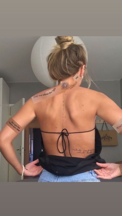 Back Tattoos 2023, Micro Spine Tattoo, Script Tattoos For Women Back, Back Tattoo Women Delicate, Back Tattoo Women Small Spine, Back Tattoo Down Spine, Quote Tattoo Placement Back, Small Back Tattoo Placement For Women, Back Tattoo Women Scattered