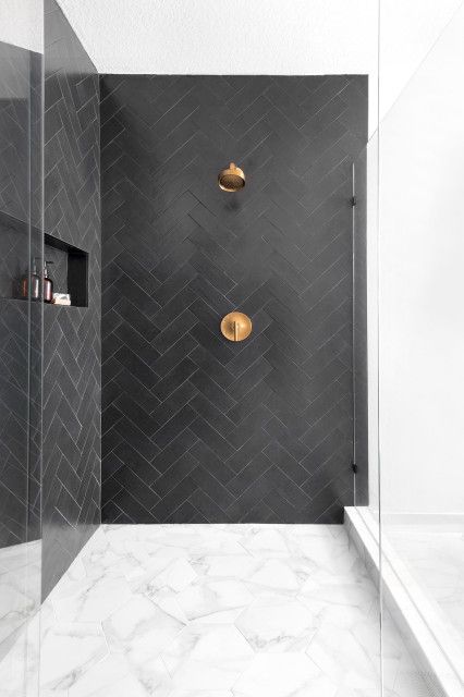 Boho Bold Master Bath - Contemporary - Bathroom - Miami - by Studio 790 Interior Design by Ann Lopez | Houzz Modern Bathroom Black And White, Modern Bathroom Black, Bathroom Black And White, Master Suite Bathroom, Suite Bathroom, Master Ensuite, Master Shower, Bath Bathroom, Boys Bathroom