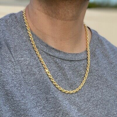 (eBay) Mens 14K Gold Plated Over 925 Sterling Silver Italy Rope Hip Hop Chain 24" 6MM Men Neck Chain Designs Gold, Boys Gold Chain Designs, Gents Chain Design Gold, Real Gold Chains For Men, Black Fortuner, Gold Chain Design For Men, Mens Neck Chains, Fortuner Car, Neck Chain For Men