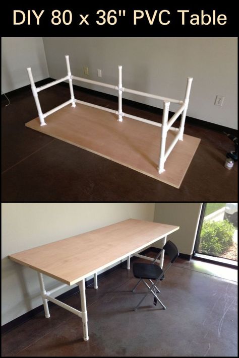 Need a REALLY wide table for your work space? This DIY PVC table is inexpensive, and it’s relatively easy to build! Pipe Table Diy, Pvc Pipe Furniture, Pipe Leg Table, Diy Table Legs, Pvc Furniture, Pvc Table, Pvc Pipe Crafts, Pipe Table, Pvc Pipe Projects