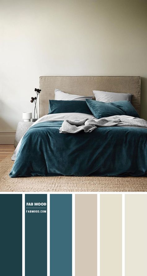 Beige Teal Bedroom, Bed Colours Color Schemes, Beige Bedroom Palette, Beige Color Combinations Bedroom, Teal Velvet Bedding, Teal Colour Palette Bedroom, Teal Velvet Bed, Beige Wall Bedroom Ideas Colour Schemes, Teal Beige Color Palette