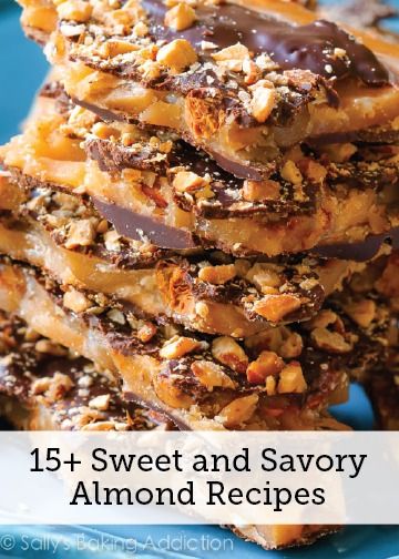 15+ sweet and savory almond recipes — Check out this collection of delicious recipes, including this Salted Dark Chocolate Almond Toffee. This list has everything from main dishes to desserts! Chocolate Almond Toffee, Almond Toffee, Toffee Recipe, Toffee Bars, Dark Chocolate Almonds, Kolaci I Torte, Dessert Aux Fruits, Chocolate Almond, Homemade Candies