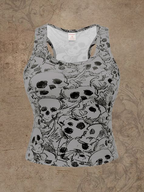 Grey Casual Collar  Fabric Halloween Tank Embellished Medium Stretch  Women Clothing Fem Akaza, Peach Tank Top, Satin Tank Top, Downtown Outfits, Shein Outfits, Women Tank Tops, Print Tank Top, Top Tank, Swaggy Outfits