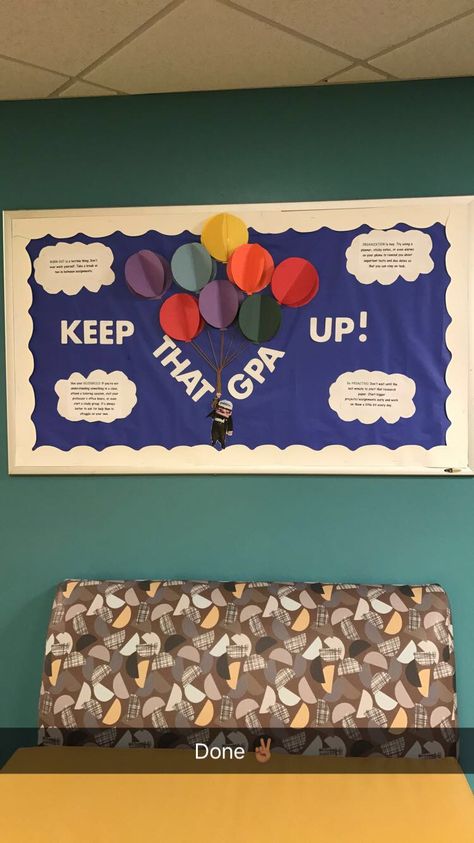 Up themed RA board #bulletin #board #RA Winter Door Decs, Residence Life Bulletin Boards, Dorm Bulletin Boards, Res Life Bulletin Boards, December Bulletin Boards, February Bulletin Boards, Dorm Themes, Dorm Door Decorations, College Bulletin Boards