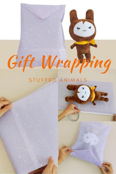 gift wrapping ideas for stuffed toys. Wrap Teddy Bear Gift, Doll Wrapping Ideas, How To Wrap A Doll Present, How To Wrap Plush Toys, How To Wrap A Teddy Bear, Wrapping Stuffed Animals, How To Wrap Stuffed Animals, How To Wrap A Stuffed Animal, Wrap A Stuffed Animal