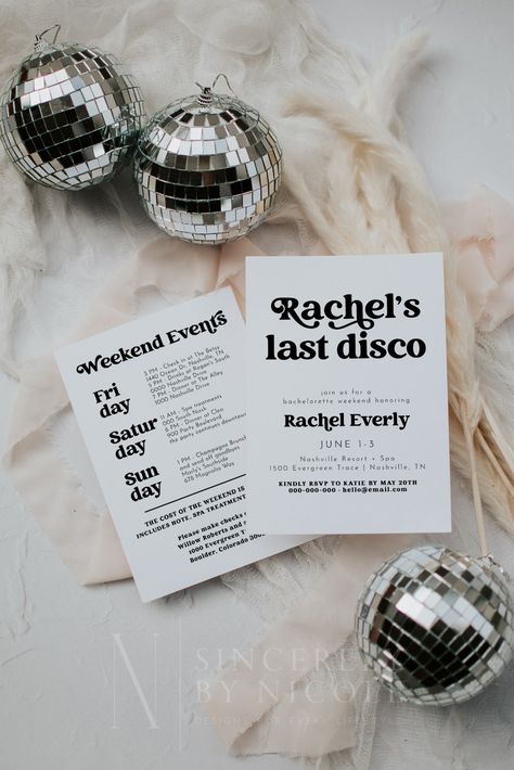 Disco Bachelorette Party Itinerary, Black And White Disco Bachelorette, Last Disco Bachelorette Party Invitation, Nashville Disco Bachelorette Party, Bacholerette Party Decor, Disco Batchloret, Disco Themed Baby Shower Ideas, Her Last Disco Bachelorette, Bacholerette Theme Ideas