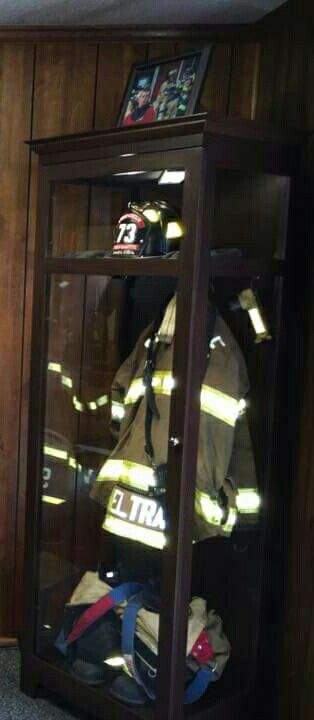 Turnout Gear Memorial Display Cabinet Memorial Display Cabinet, Firefighter Display, Fire Dept Decor, Firefighter Man Cave, Fire Decor, Firefighter Room, Diy Valentine Gifts For Boyfriend, Firefighters Wife, Turnout Gear