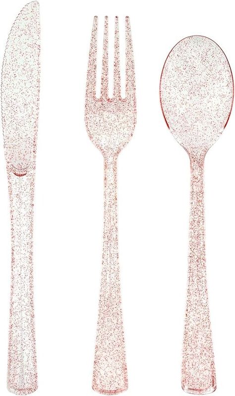 Amazon.com: DecorWoo 180PCS Rose Gold Plastic Silverware Set, Disposable Glitter Rose Gold Cutlery, Utensils Set Includes 60 Forks, 60 Spoons, 60 Knives, Party Utensils for Valentine's Day, Brithday, Wedding : Health & Household Pink And Rose Gold Birthday Party Ideas, Pink Silverware, Pink Flatware, Pink Utensils, Pink Forks And Spoons, Rose Gold Cutlery, Party Utensils, Gold Plastic Silverware, Plastic Silverware